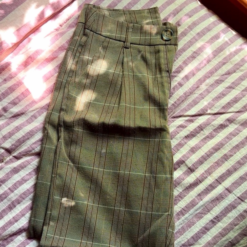 Classic Plaid High-Waist Trousers - Olive Green